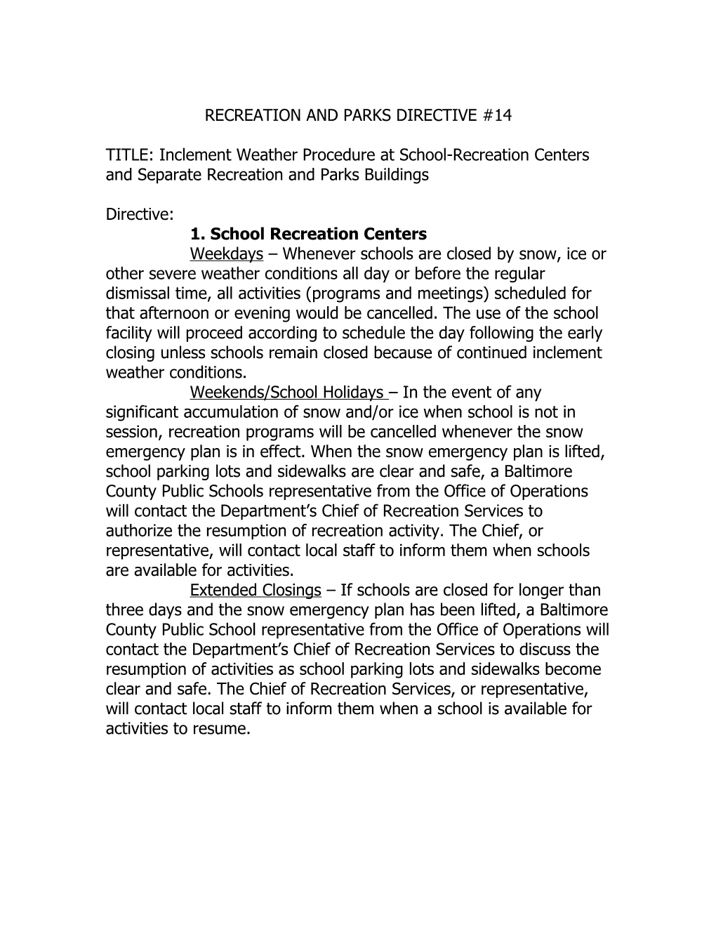 Recreation and Parks Directive #14