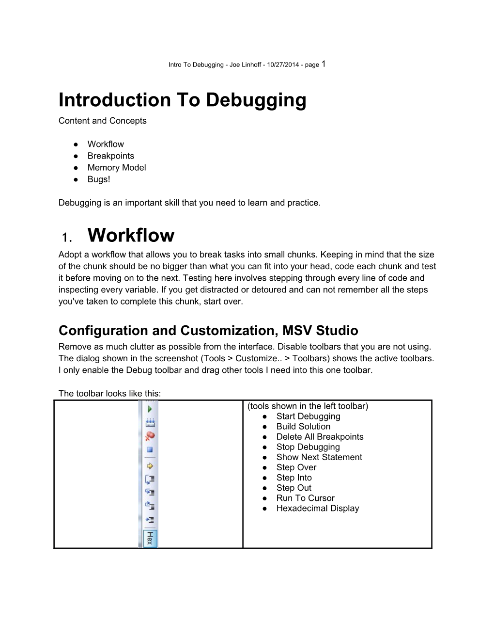 Intro to Debugging - Joe Linhoff - 10/27/2014 - Page 1