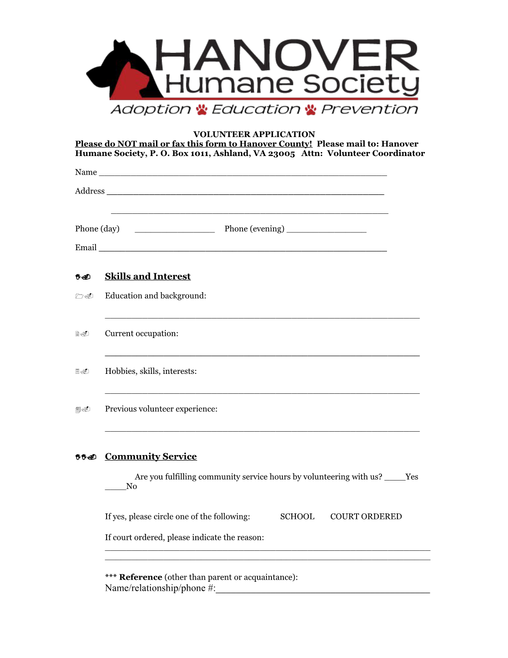 Hanover Humane Society Volunteer Addendum Application