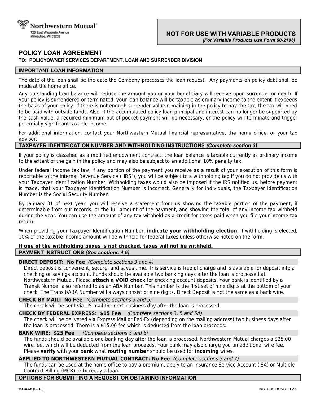 90-0658 Policy Loan Agreement for Variable Products Use 90-1278-03