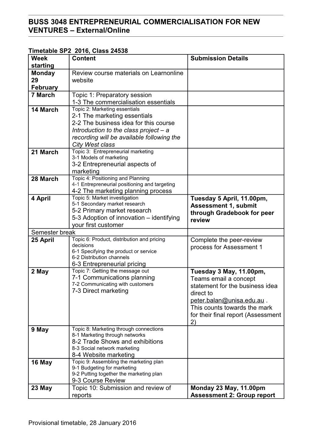 BUSS 3048ENTREPRENEURIAL COMMERCIALISATION for NEW VENTURES External/Online