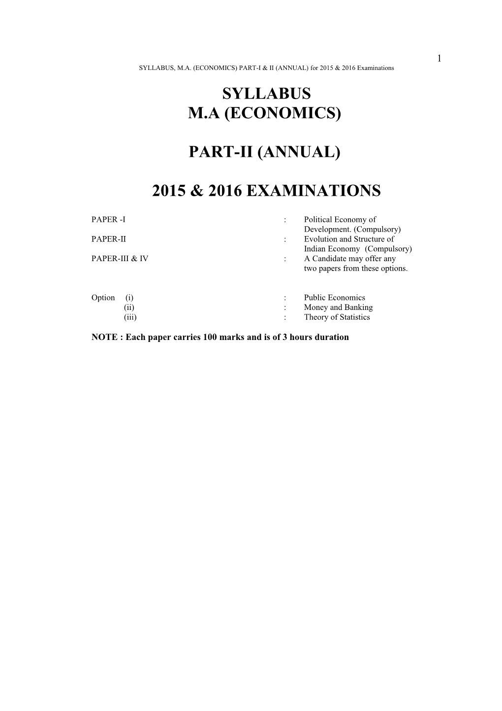SYLLABUS, M.A. (ECONOMICS) PART-I & II (ANNUAL) for 2015 & 2016 Examinations