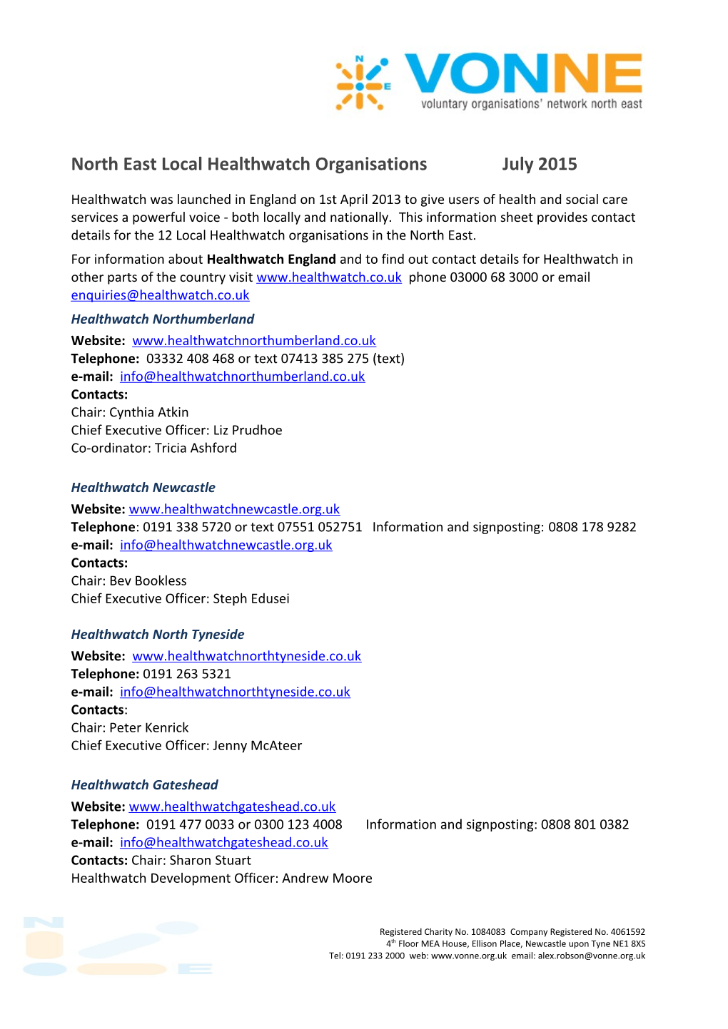North East Local Healthwatch Organisations July 2015