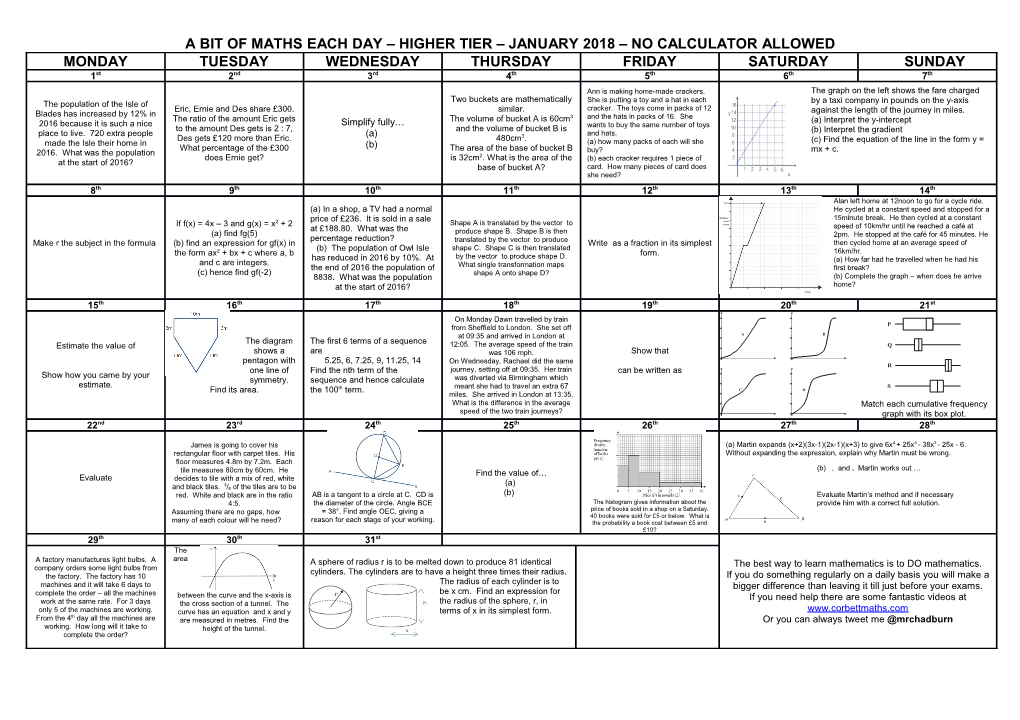 A Bit of Maths Each Day Higher Tier January 2018 No Calculator Allowed