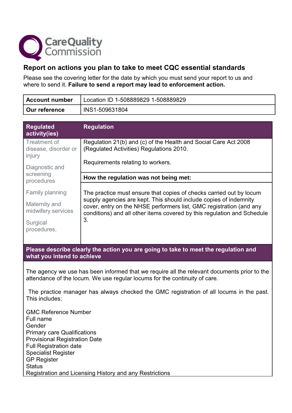 Report on Actions You Plan to Take to Meet CQC Essential Standards