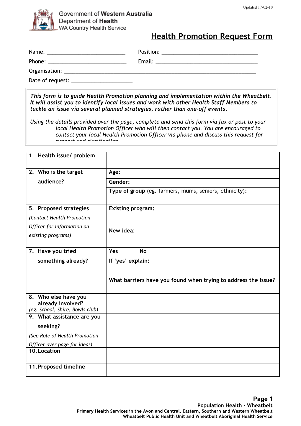 Health Promotion Request Form