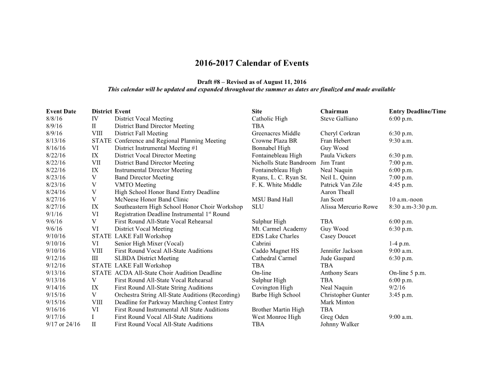 2016-2017 Calendar of Events