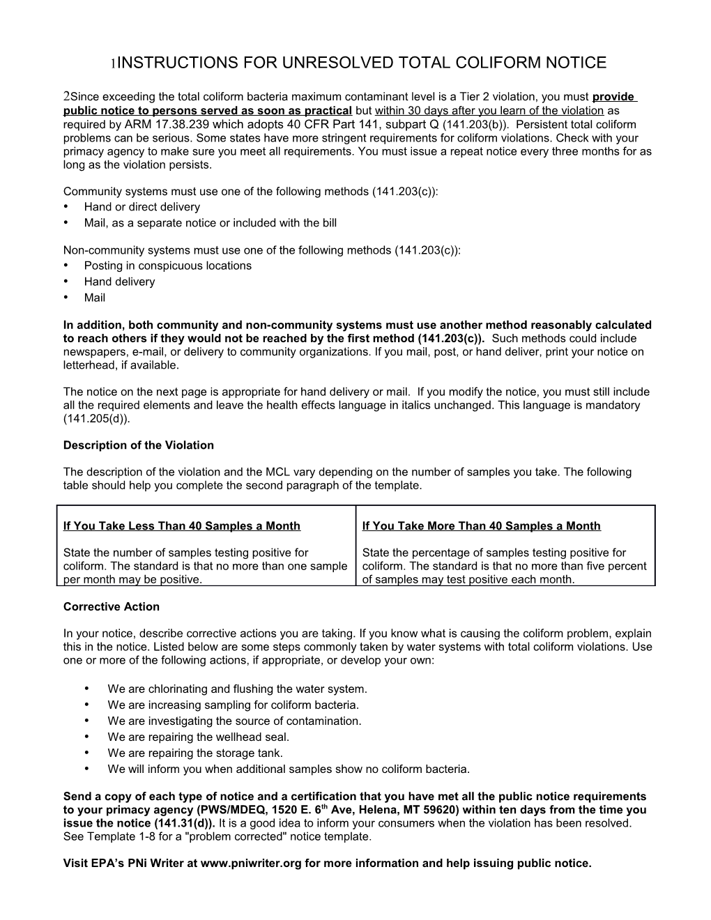 Instructions for Unresolved Total Coliform Notice