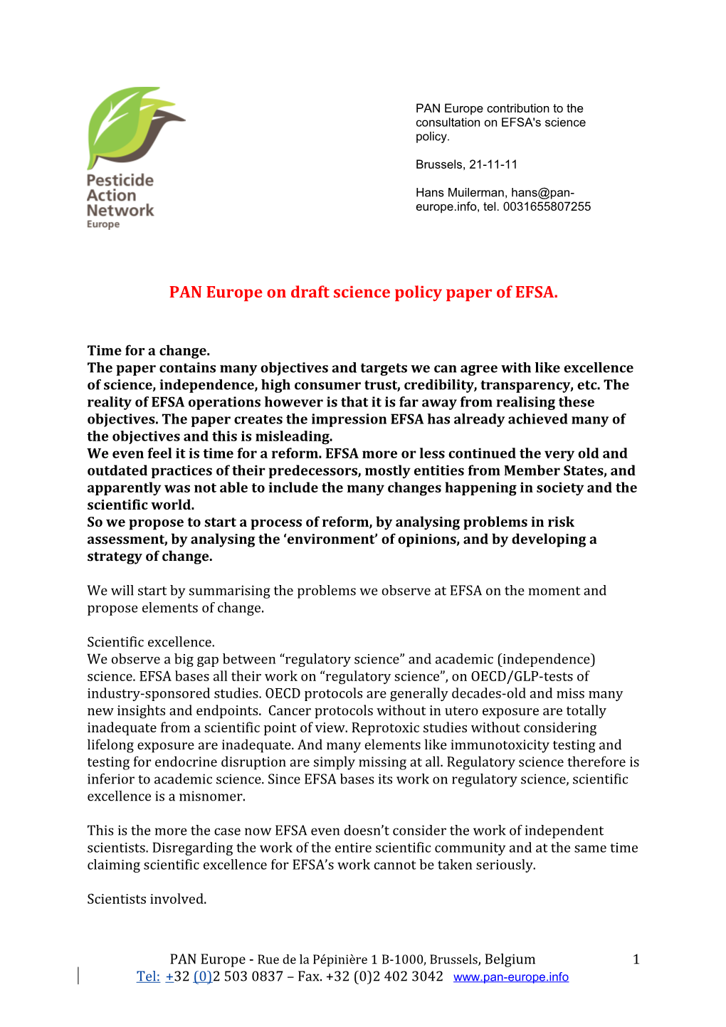 PAN Europe on Draft Science Policy Paper of EFSA
