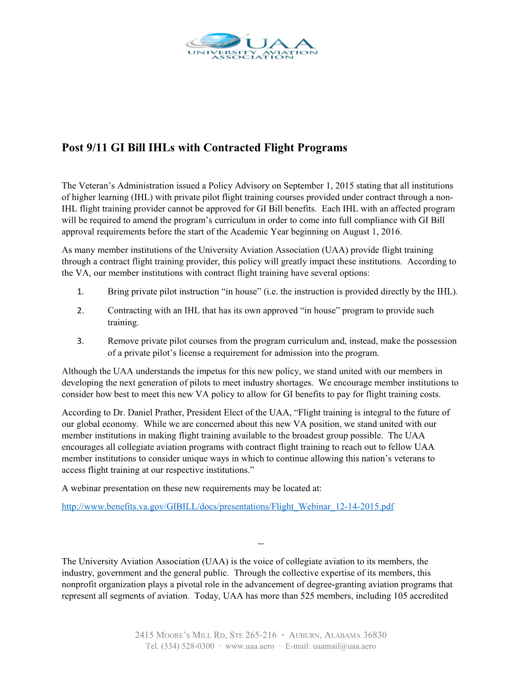 Post 9/11 GI Bill Ihls with Contracted Flight Programs