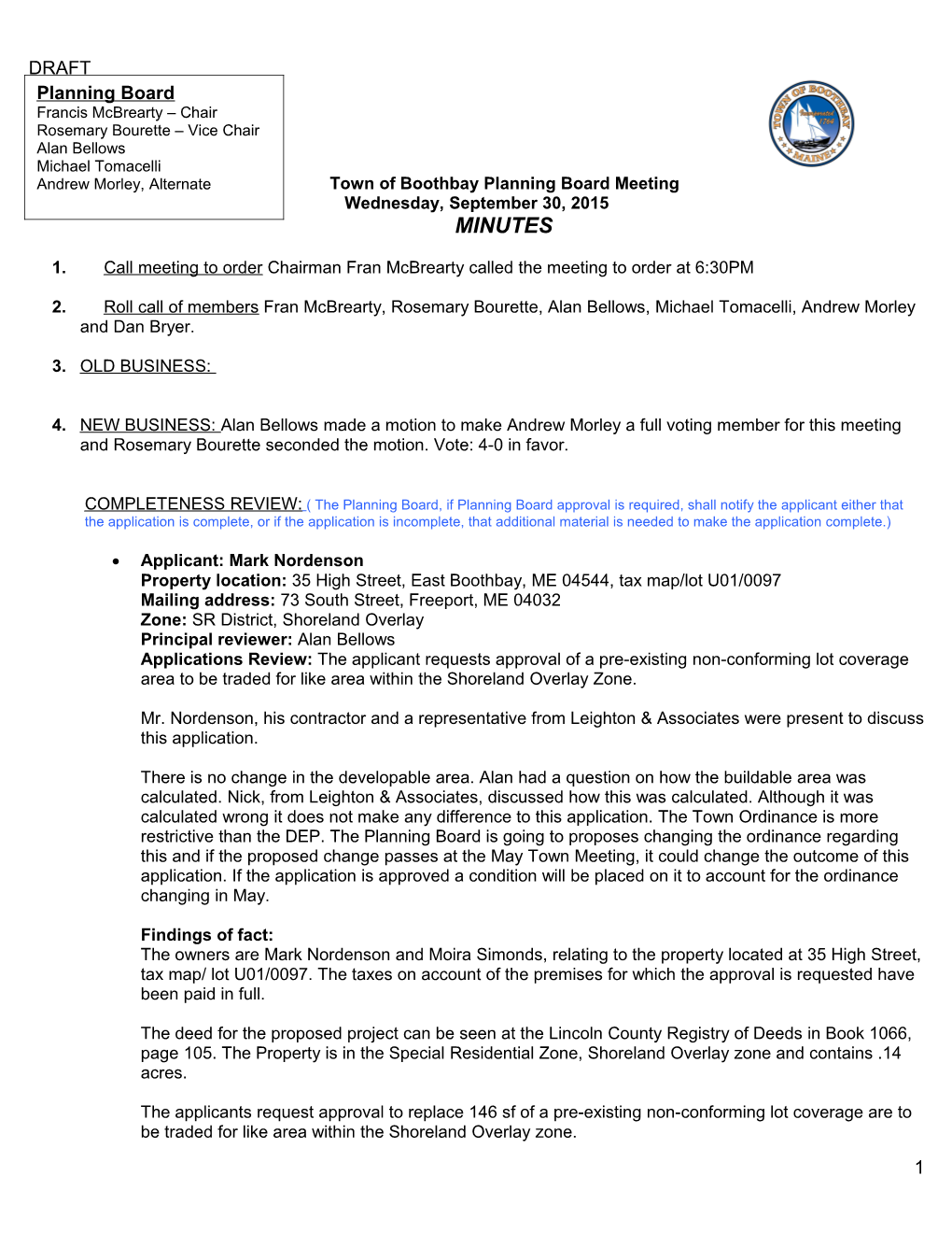 Town of Boothbay Planning Boardmeeting