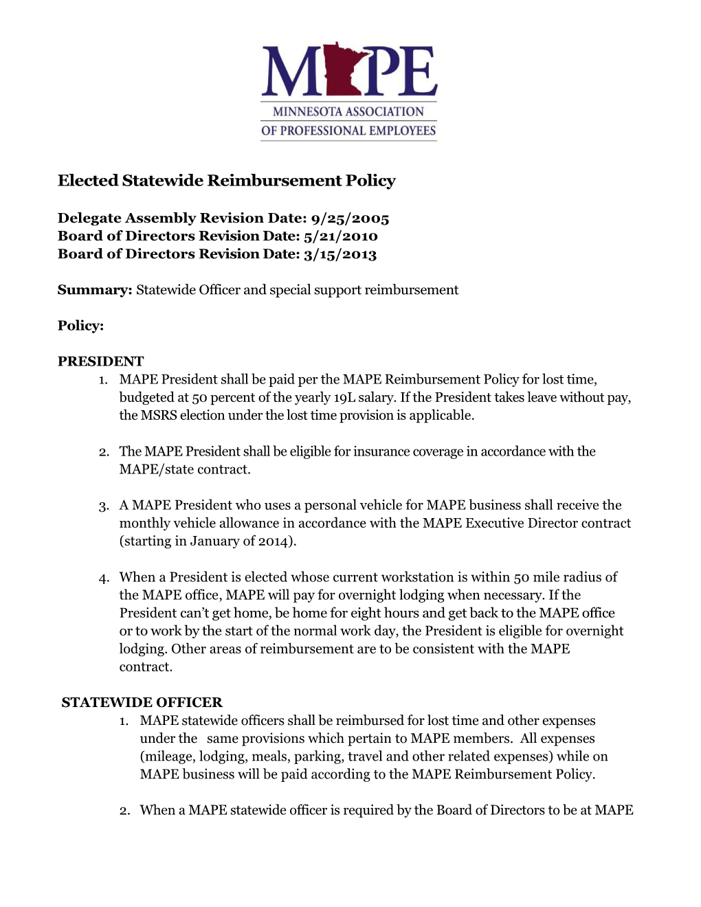 Elected Statewide Reimbursement Policy