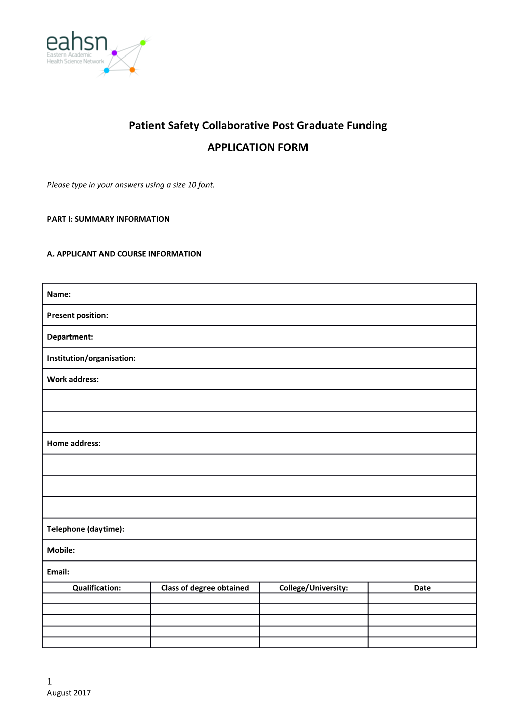 Patient Safety Collaborative Post Graduate Funding