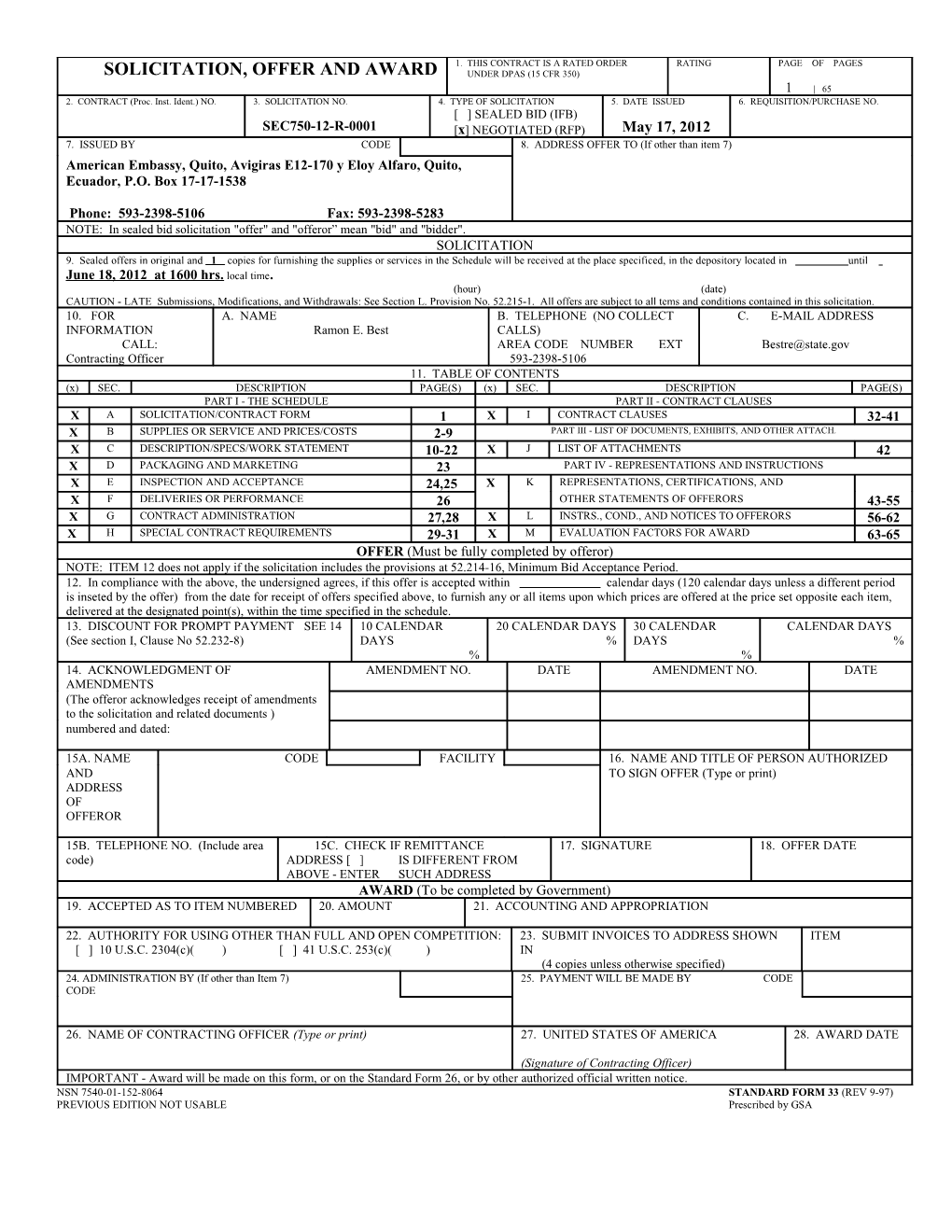 SF33 Form for Certificate of Pkg