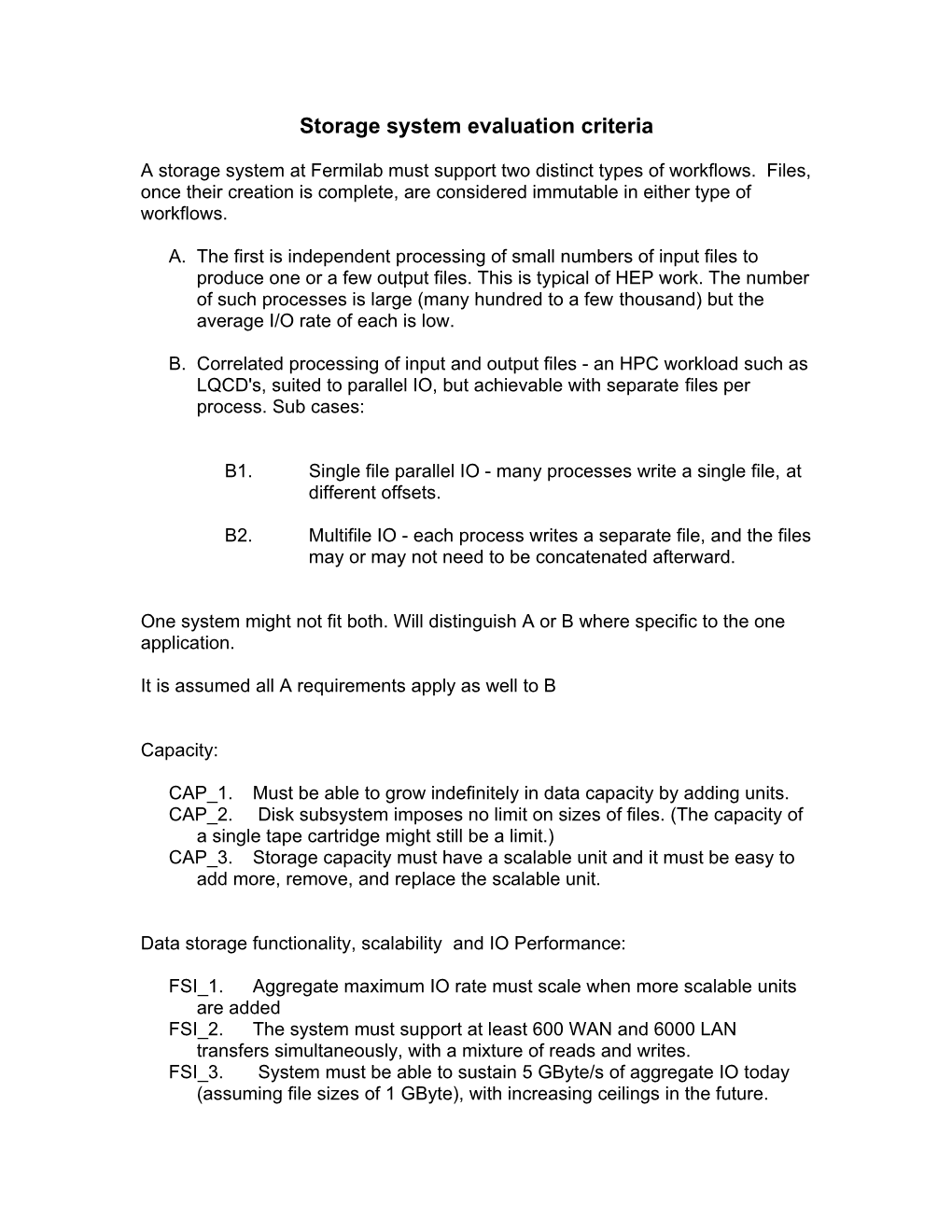 Storage System Evaluation Criteria