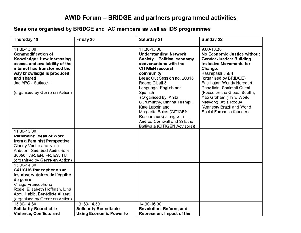 AWID Forum BRIDGE and Partners Programmed Activities