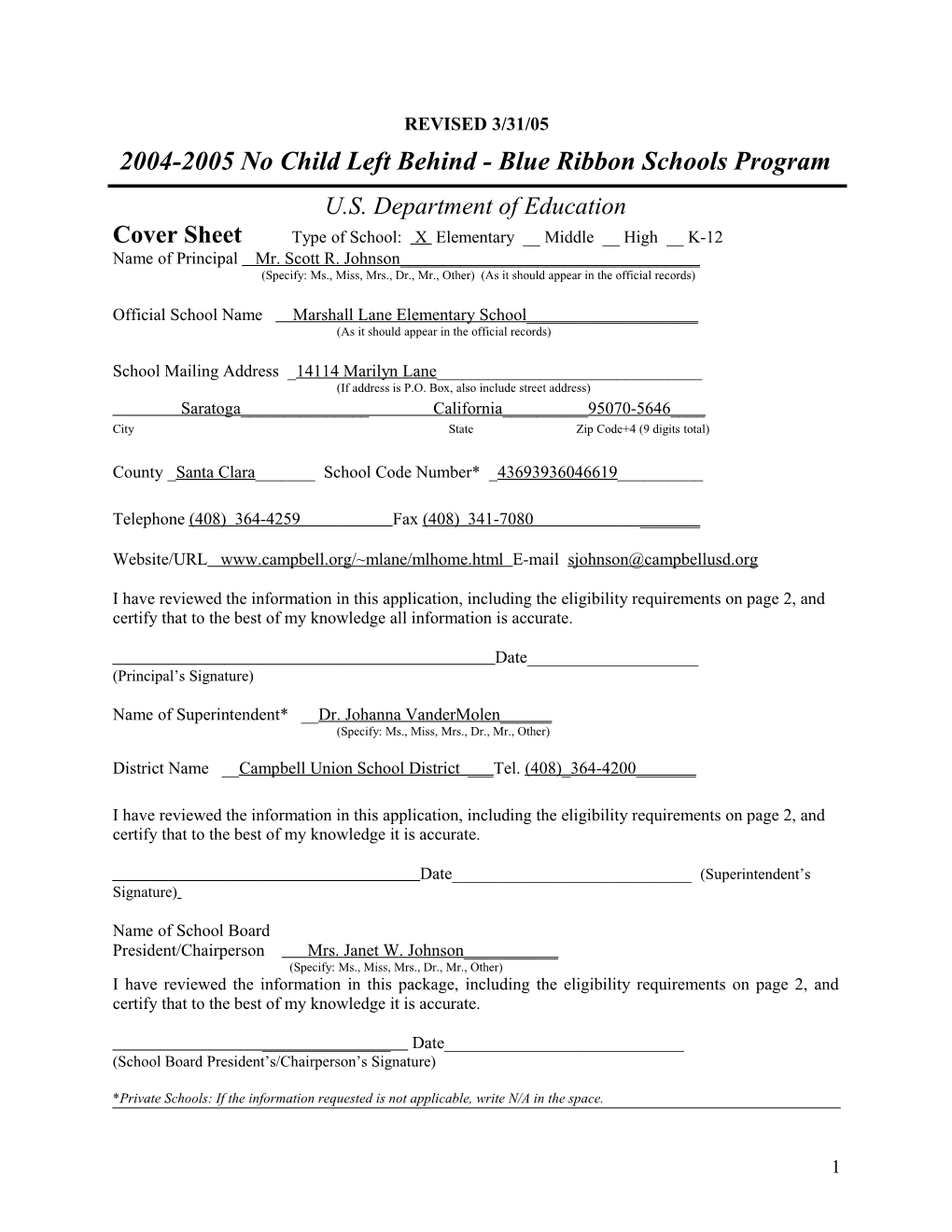 Marshall Lane Elementary School Application: 2004-2005, No Child Left Behind - Blue Ribbon