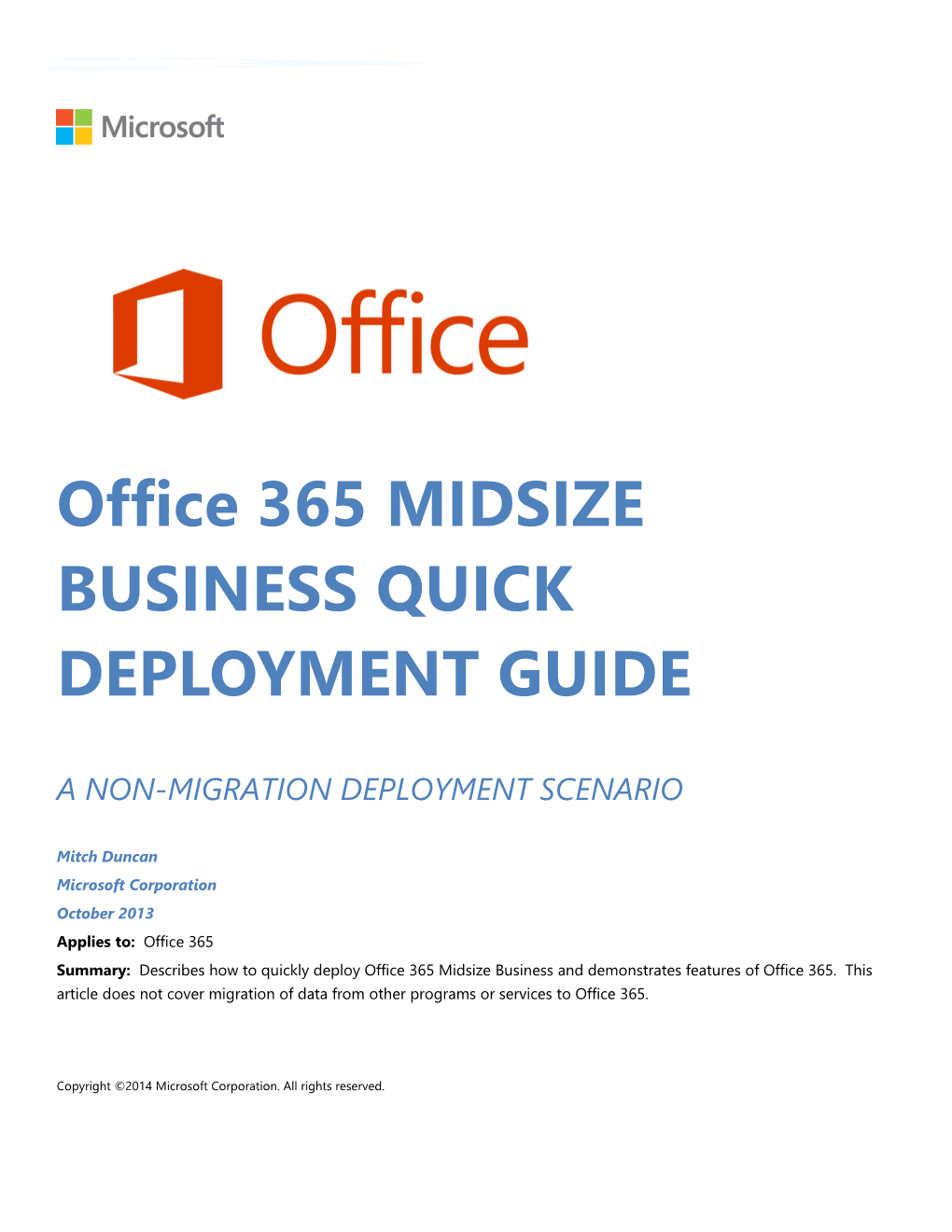 Office 365 MIDSIZE BUSINESS QUICK DEPLOYMENT Guideoctober 2013