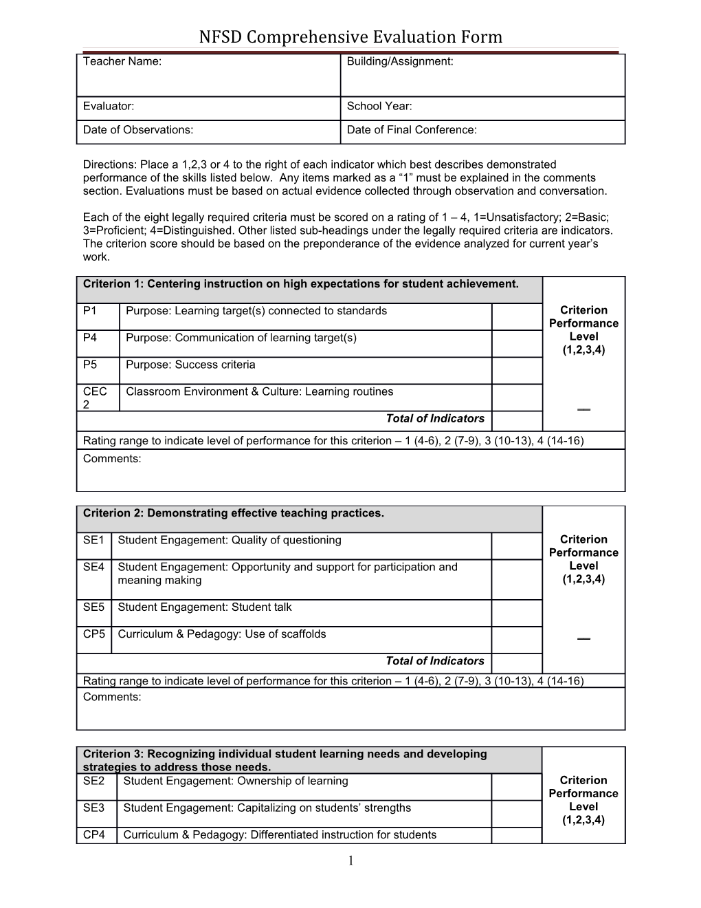 NFSD Comprehensive Evaluation Form
