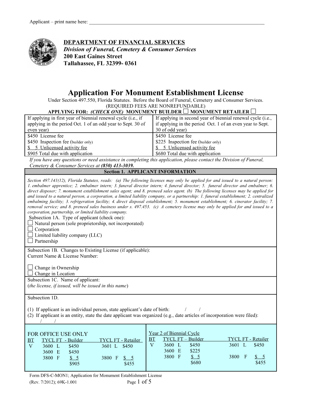 Application for Monument Establishment License