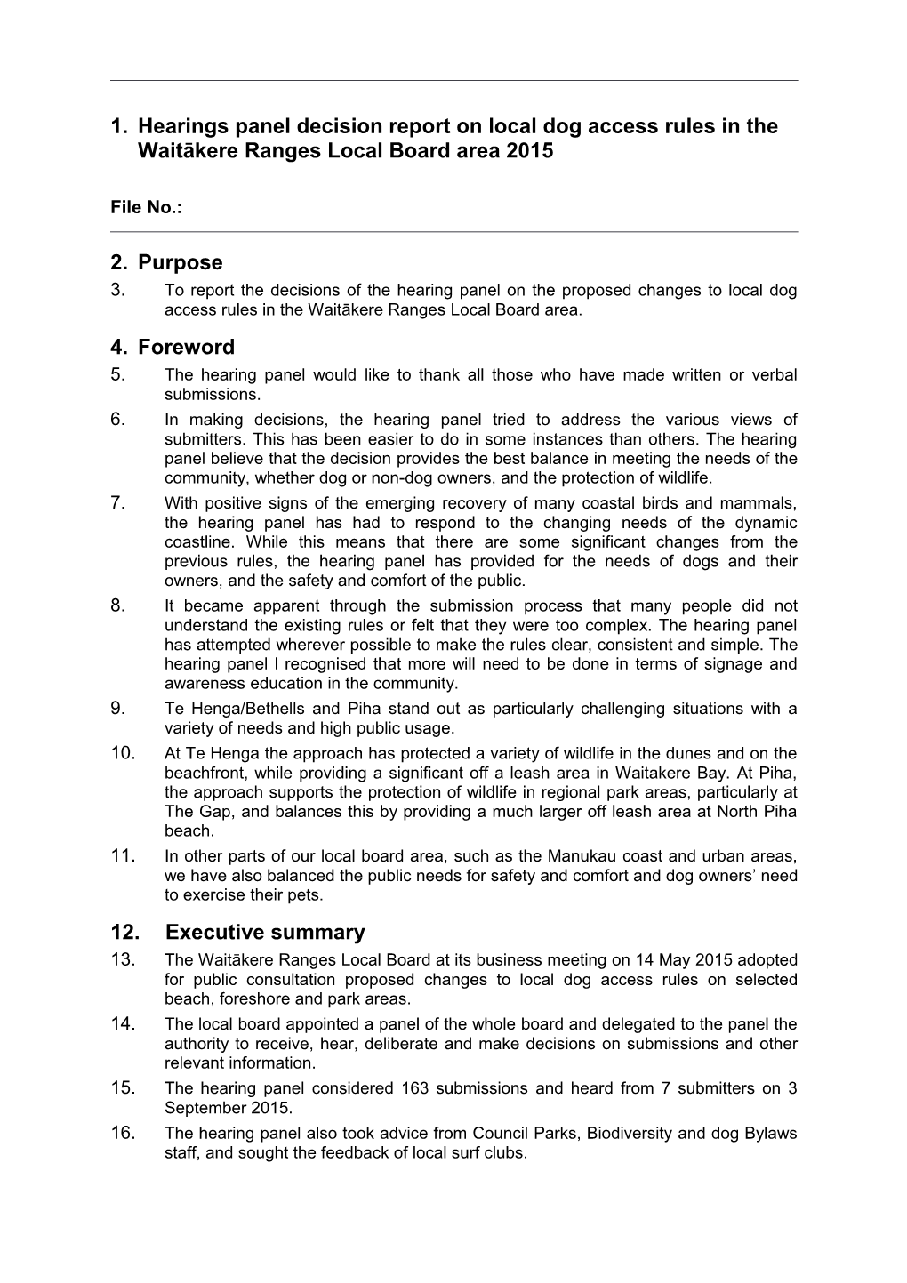 Hearings Panel Decision Report on Local Dog Access Rules in the Waitākere Ranges Local