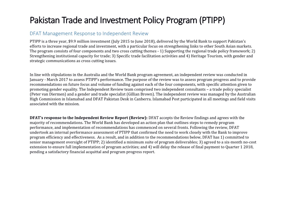 Pakistan Trade and Investment Policy Program (PTIPP): DFAT Management Response to Independent