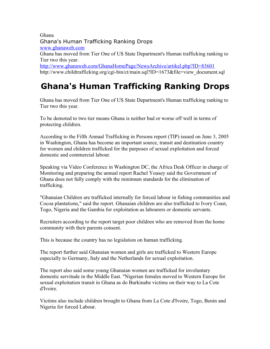 Ghana's Human Trafficking Ranking Drops