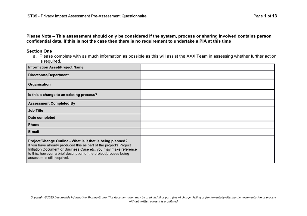 IST05 - Privacy Impact Assessment Pre-Assessment Questionnaire Page 1 of 8
