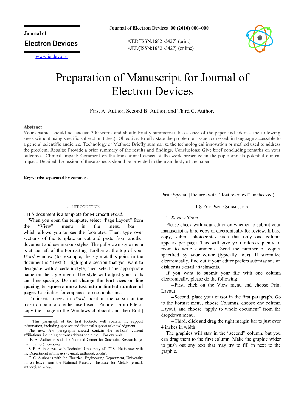 Preparation of Manuscript for Journal of Electron Devices