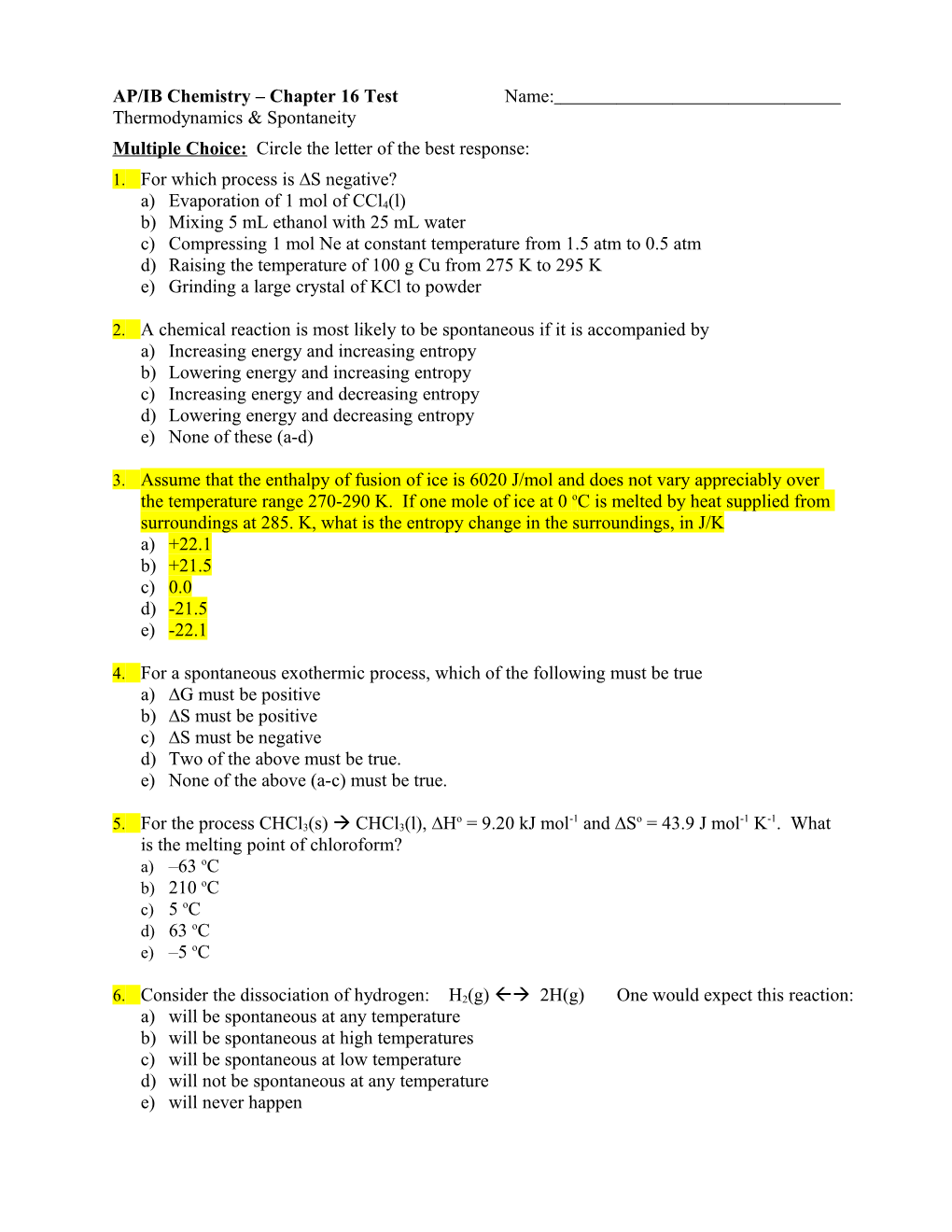 AP/IB Chemistry Chapter Quiz