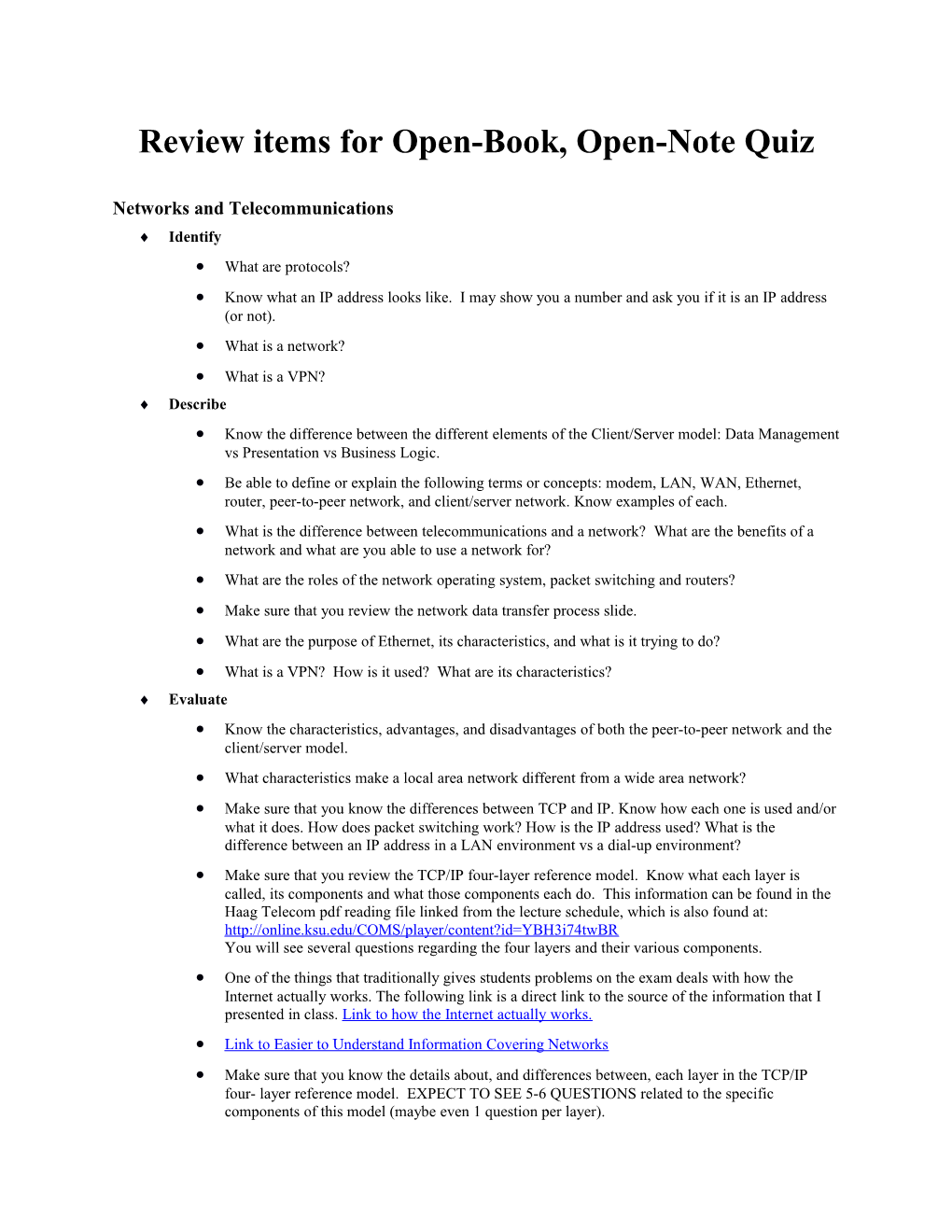 Review Items for Open-Book, Open-Note Quiz