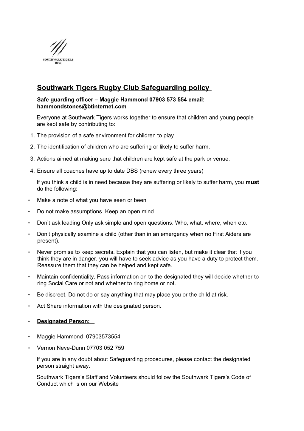 Southwark Tigers Rugby Club Safeguarding Policy