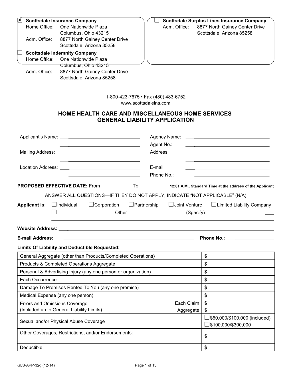 Home Health Care and Miscellaneous Home Services General Liability Application