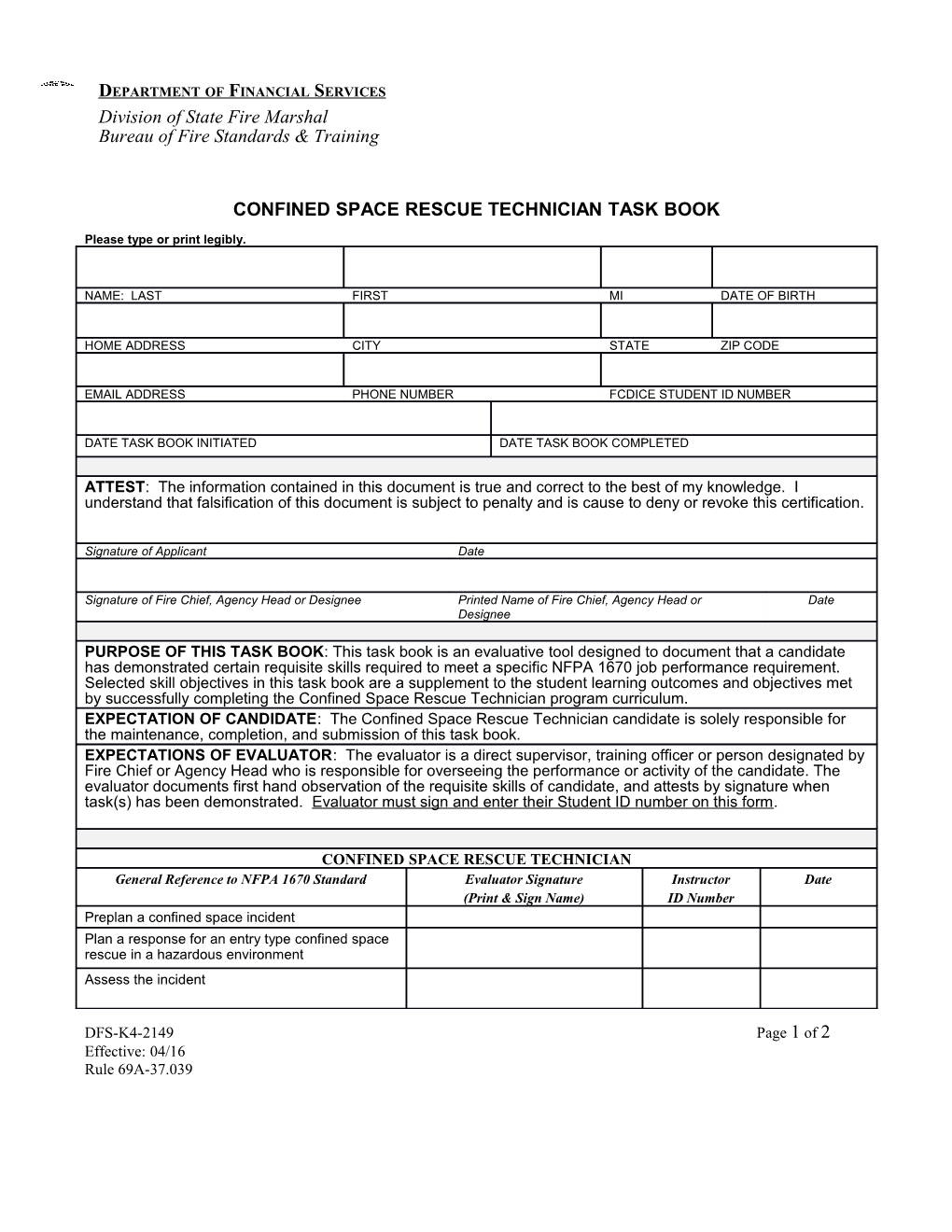 Confined Space Rescue Technician Task Book