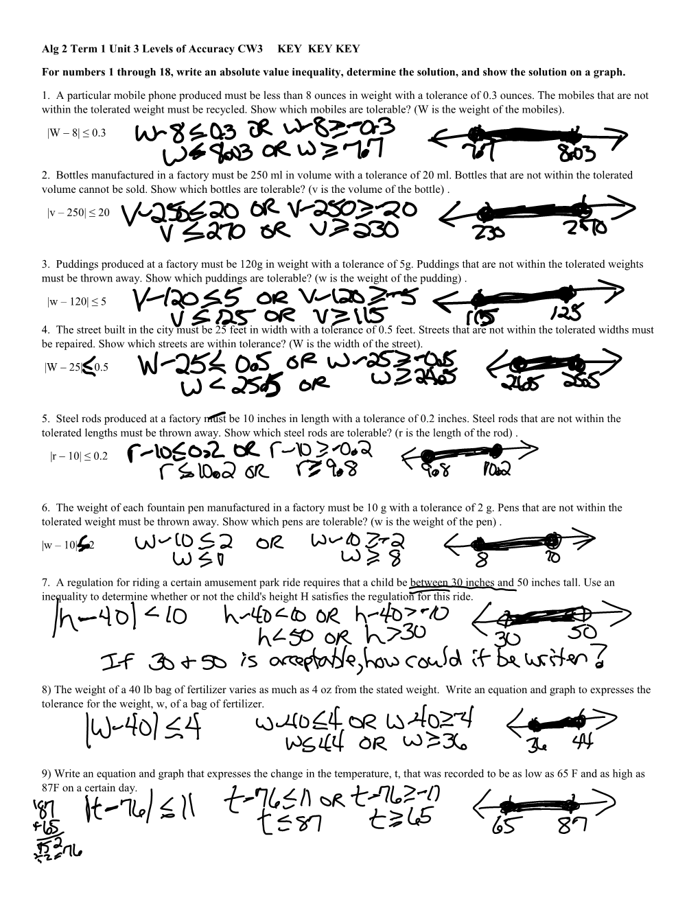 Alg 2 Term 1 Unit 3 Levels of Accuracy CW3 KEY KEY KEY