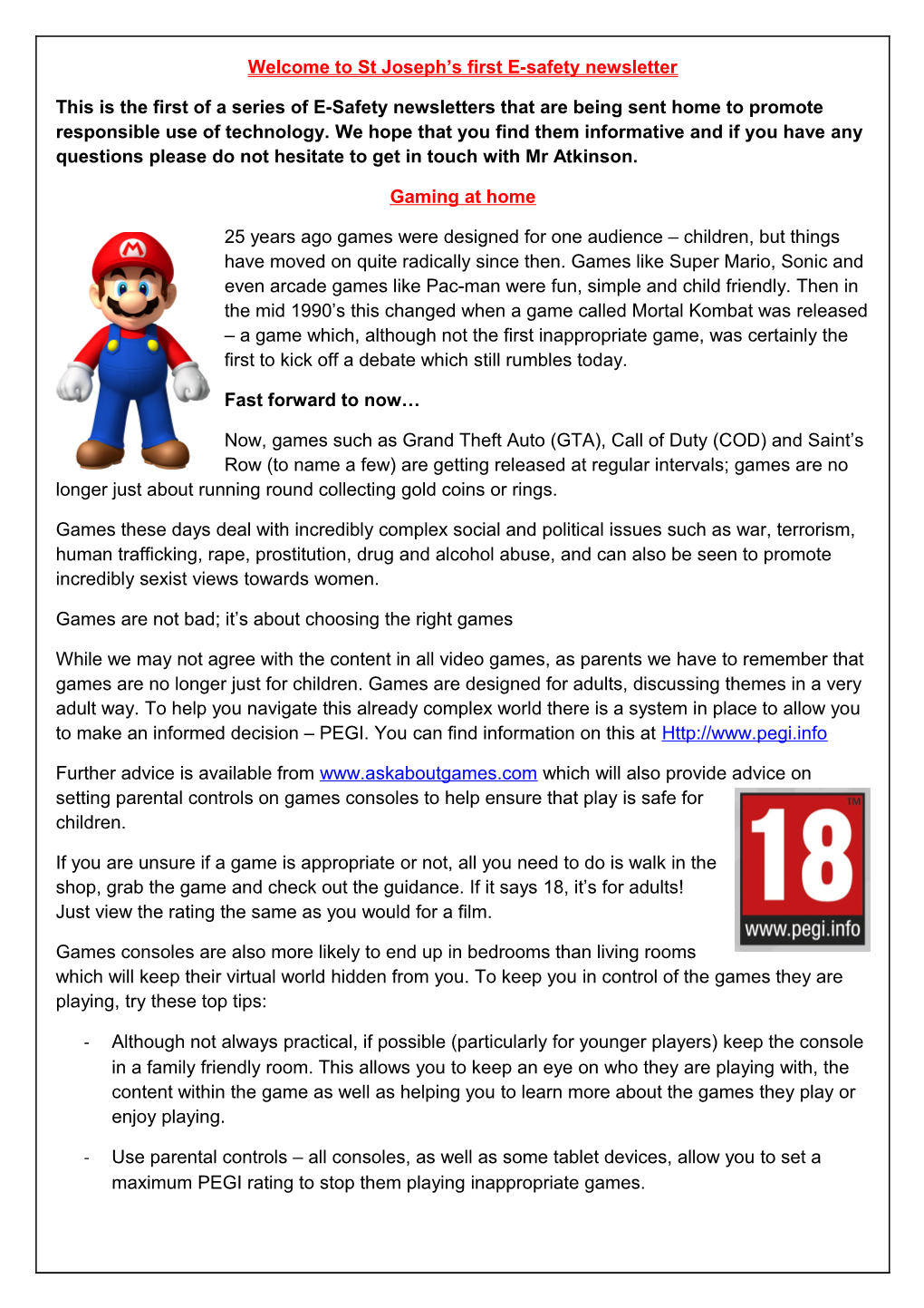Welcome to St Joseph S First E-Safety Newsletter