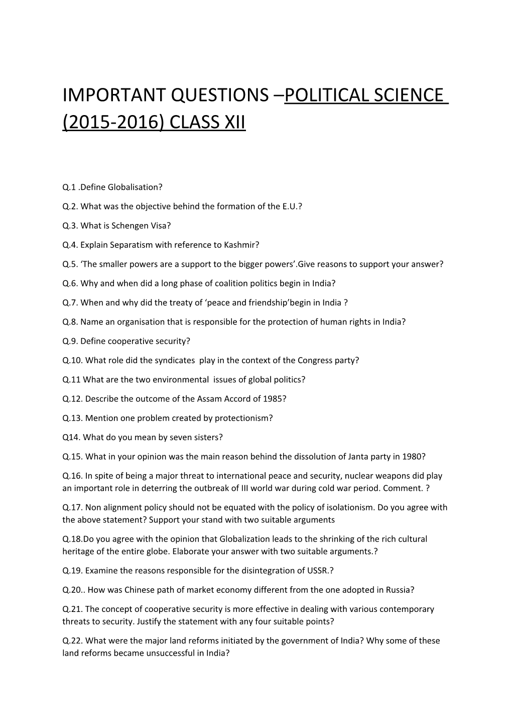 Important Questions Political Science (2015-2016) Class Xii