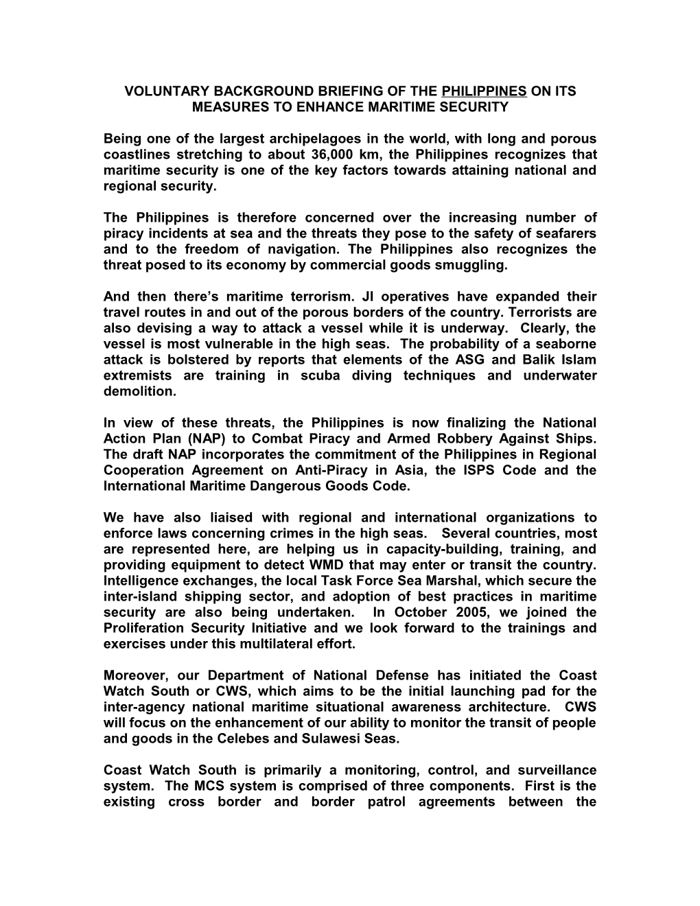 Voluntary Background Briefing of the Philippines on Its Measures to Enhance Maritime Security