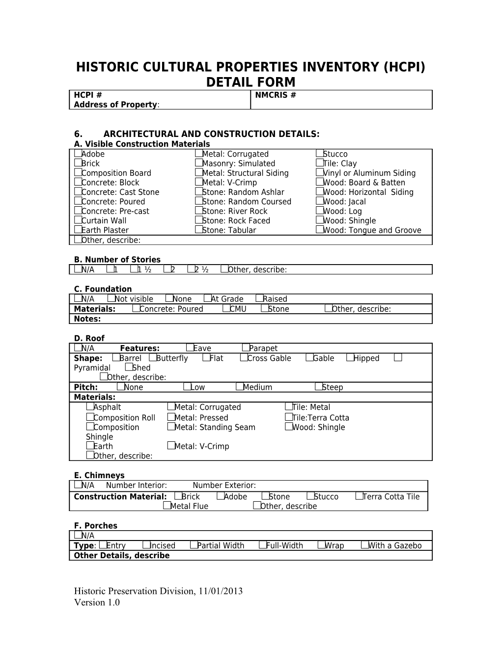 Historic Cultural Properties Inventory (HCPI) Detail Form