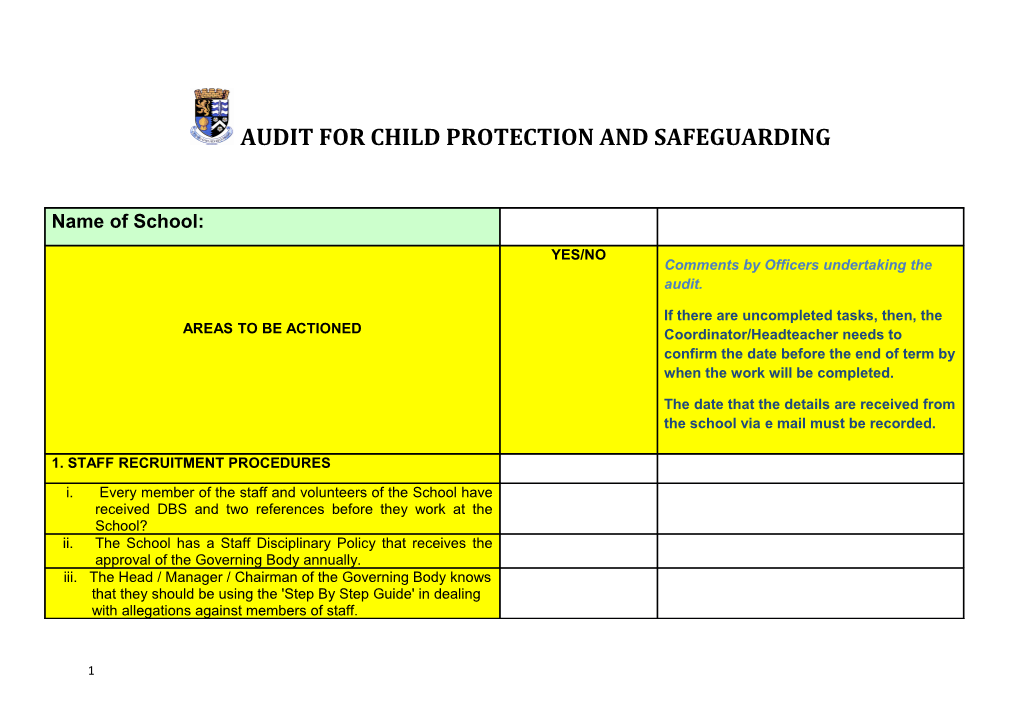 Checklist for Child Protection and Safeguarding