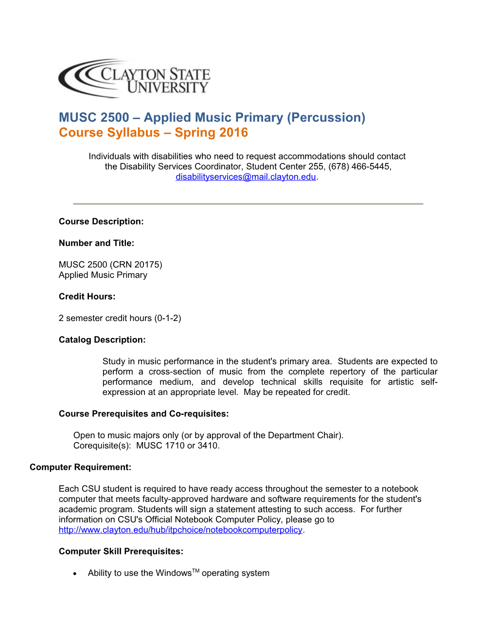 MUSC 2500 Applied Music Primary (Percussion) Course Syllabus Spring2016