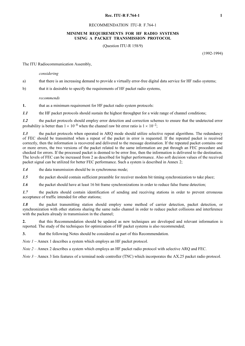 F.764-1 - Minimum Requirements for HF Radio Systems Using a Packet Transmission Protocol