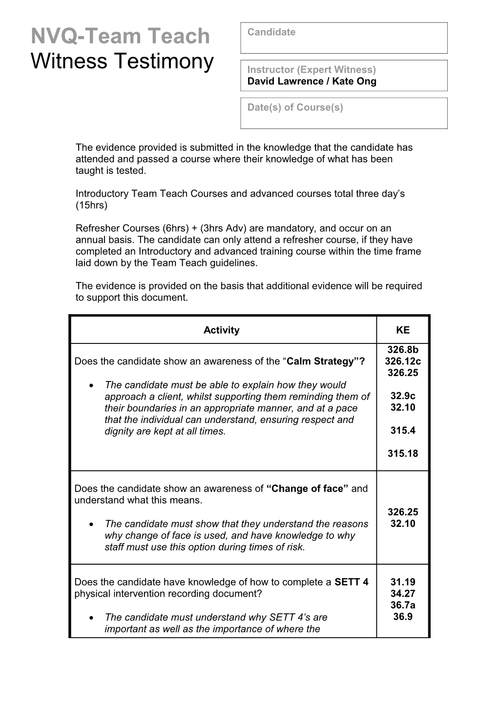 NVQ Team Teach Direct Observation / Witness Testimony List