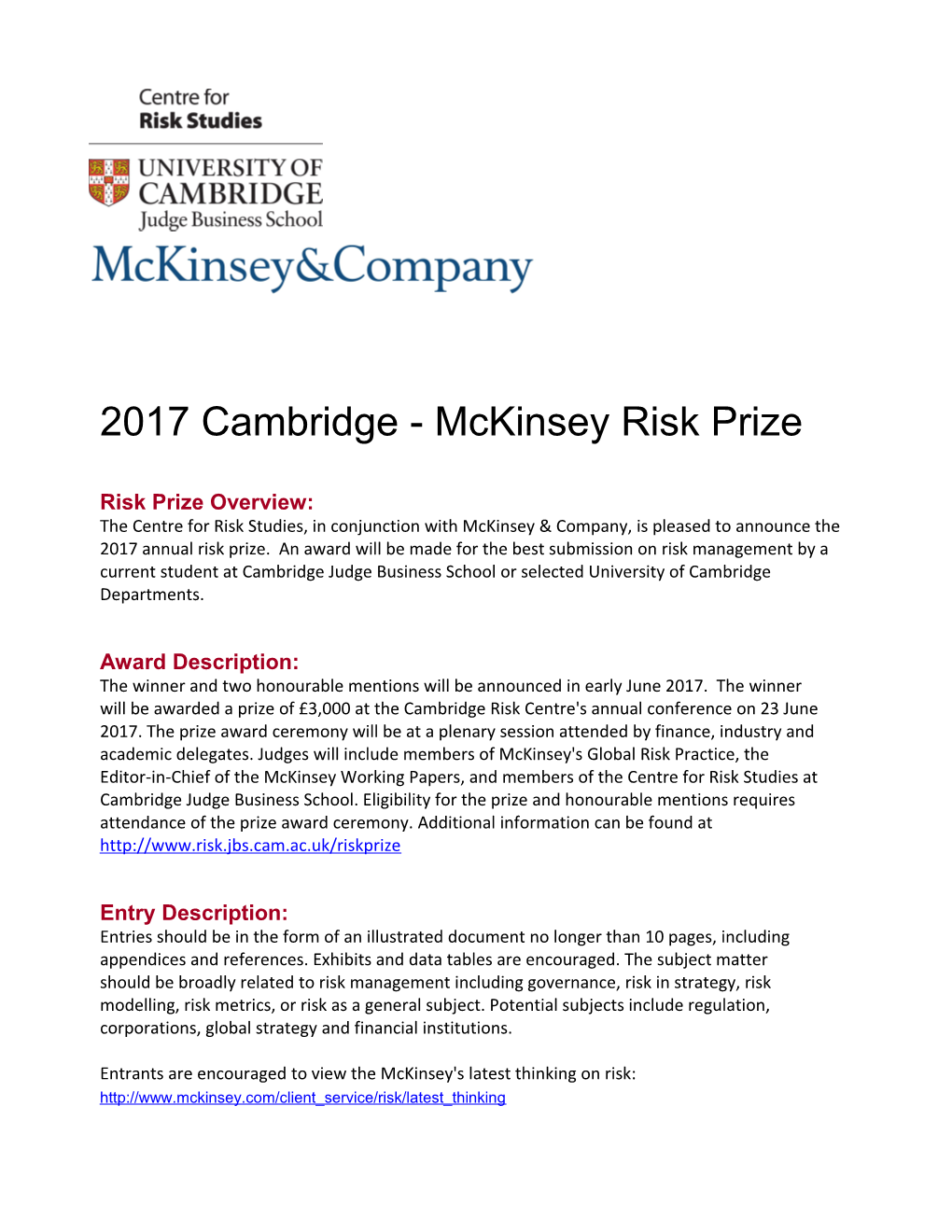 2017 Cambridge - Mckinsey Risk Prize