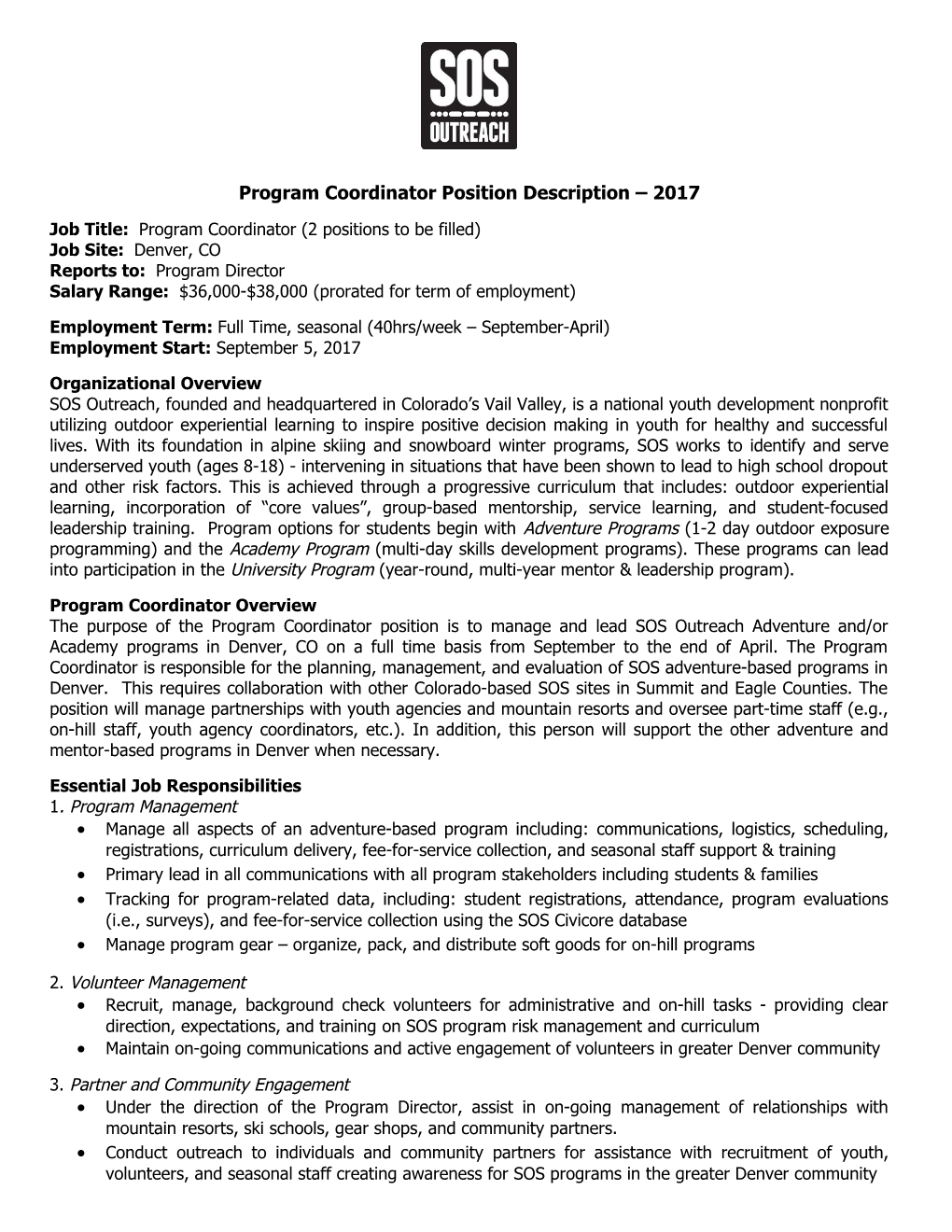 Program Coordinator Position Description 2017