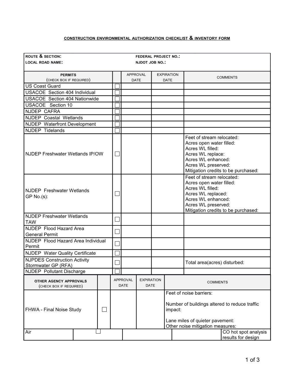 Construction Environmental Authorization Checklist & Inventory Form