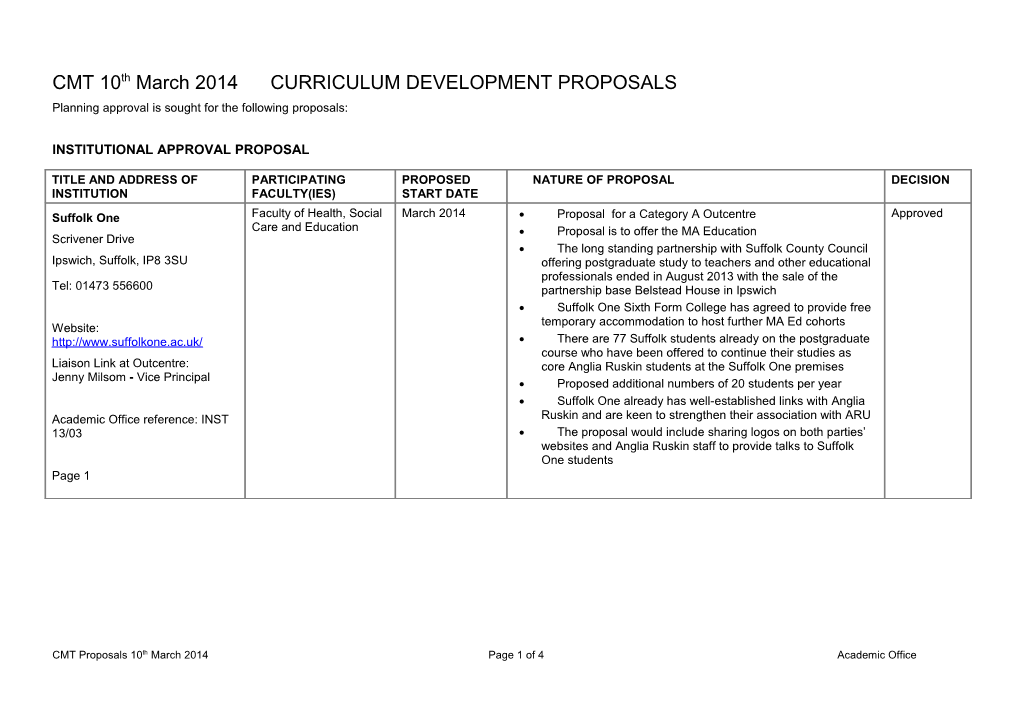 CMT 10Thmarch 2014 CURRICULUM DEVELOPMENT PROPOSALS