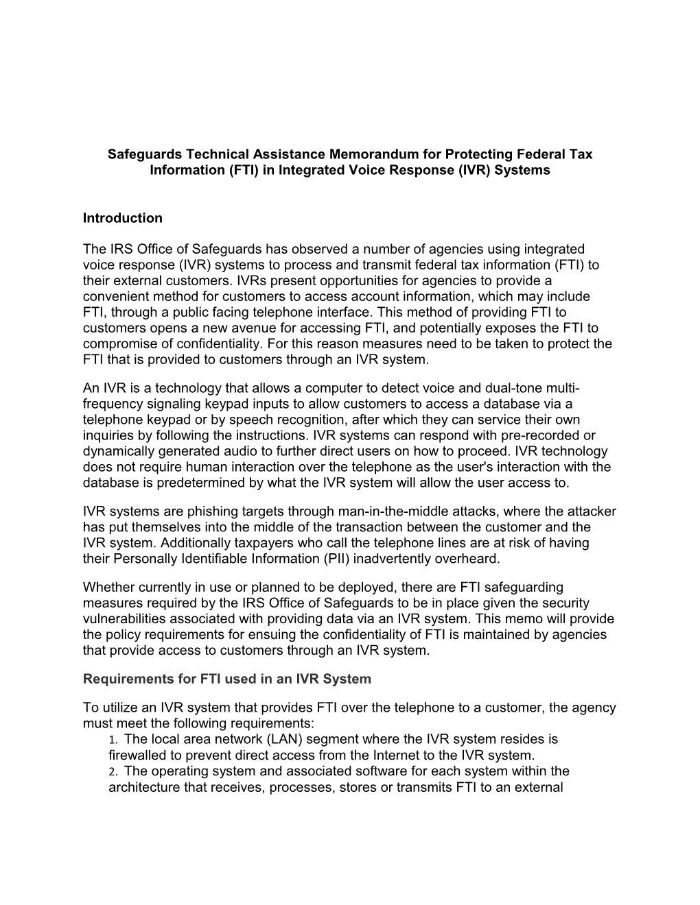 Safeguards Technical Assistance Memorandum for Protecting Federal Tax Information (FTI)