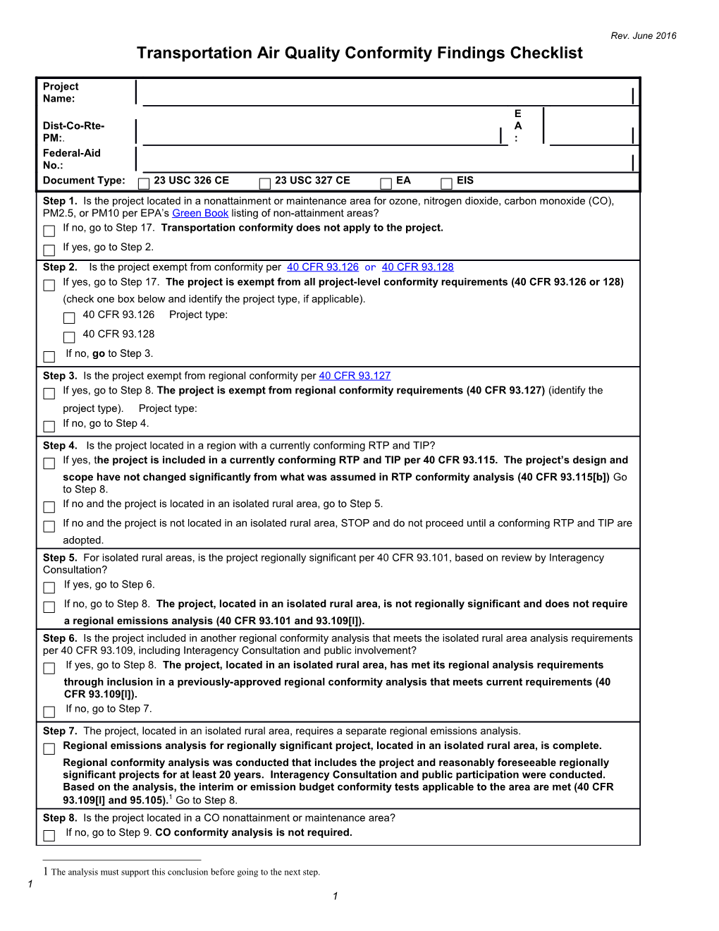 Transportation Air Quality Conformity Findings Checklist