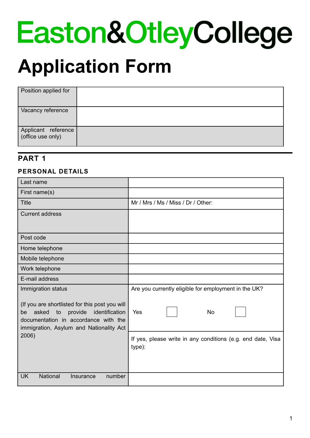 Form CHRIS/6: Cover Sheet for CV Applications